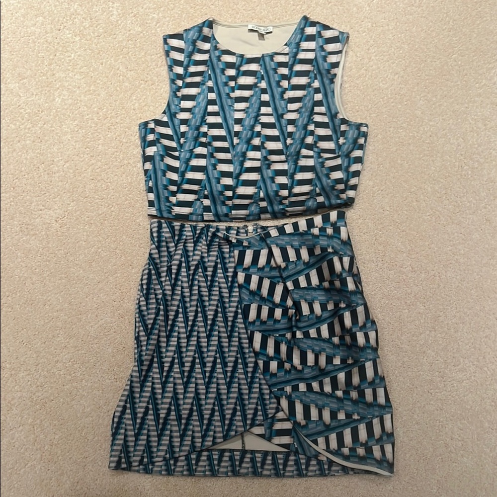 Ronny Kobo Collection Blue and White Geometric Mini Dress